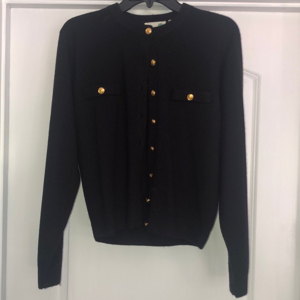 Classic Black Sweater with Gold Medallion Buttons